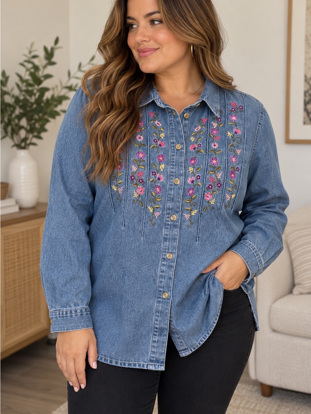 Fashion Bug Plus Size 18/20W Embroidered Floral Denim Shirt 100% Cotton